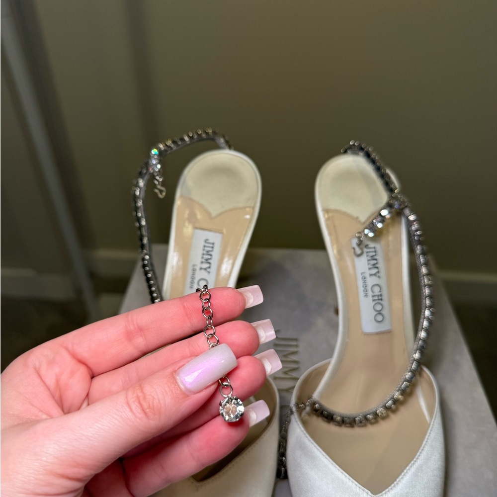 Jimmy Choo BRIDAL White Satin Crystal-Trim Slingback Pumps - Picture 9 of 16